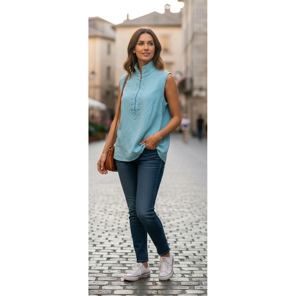 Alexandra Bartlett Women's 100% Linen Sleeveless Studded Half-Zip Top Blue SZ 1X